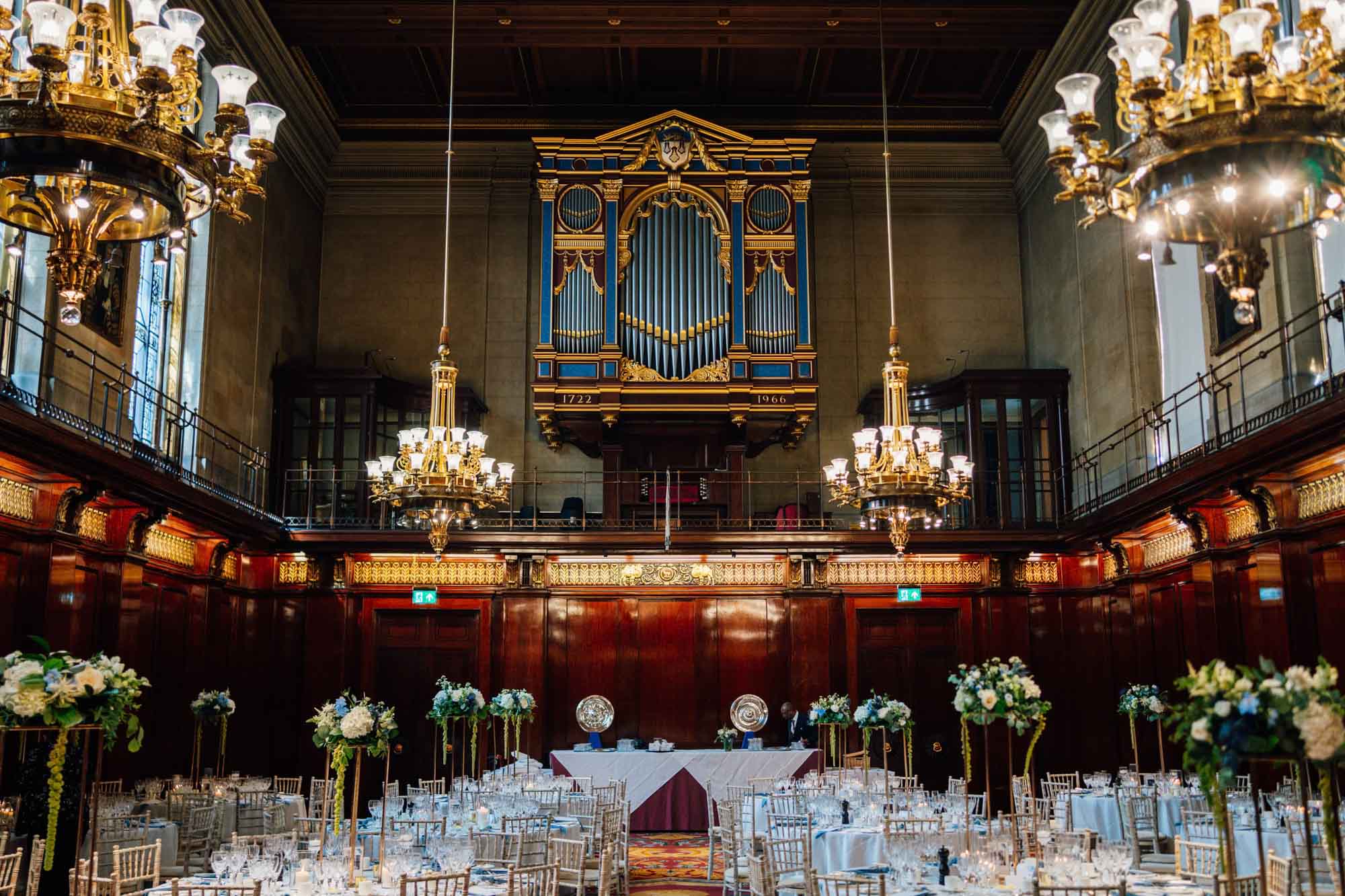 Stunning set up in the Great Hall, captured in Merchant Taylors' Hall wedding photography, by Ben Lee