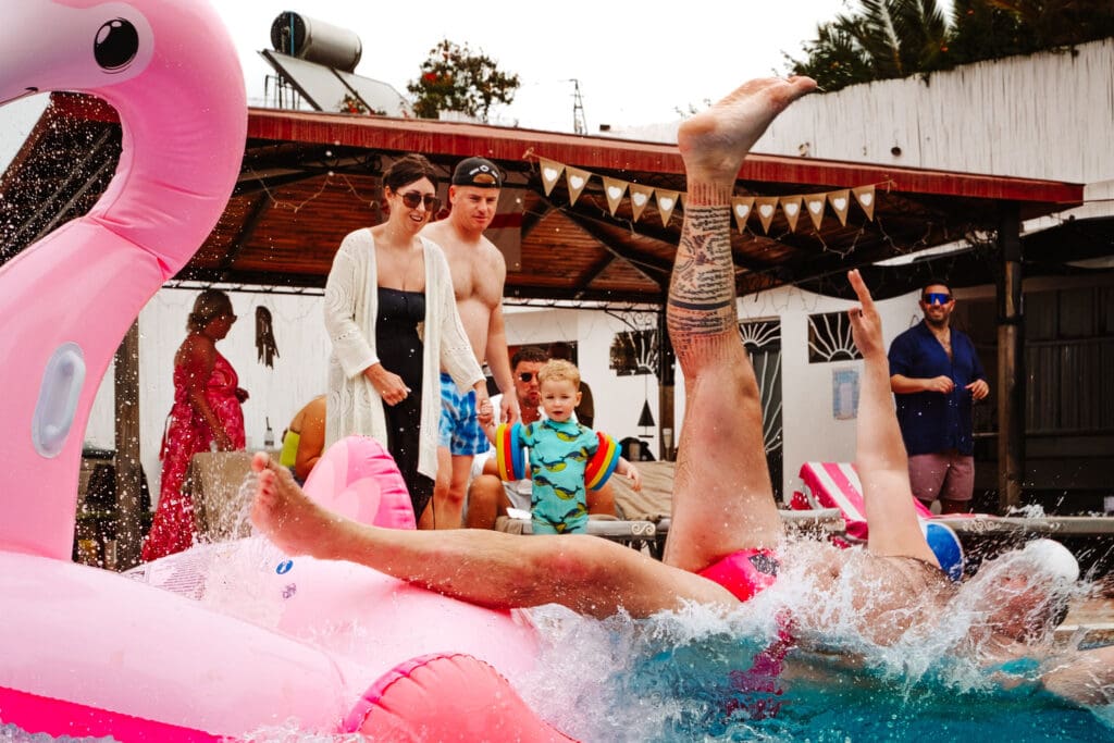 wedding pool party captured in wedding photography in Tangier, Morocco by Ben Lee.