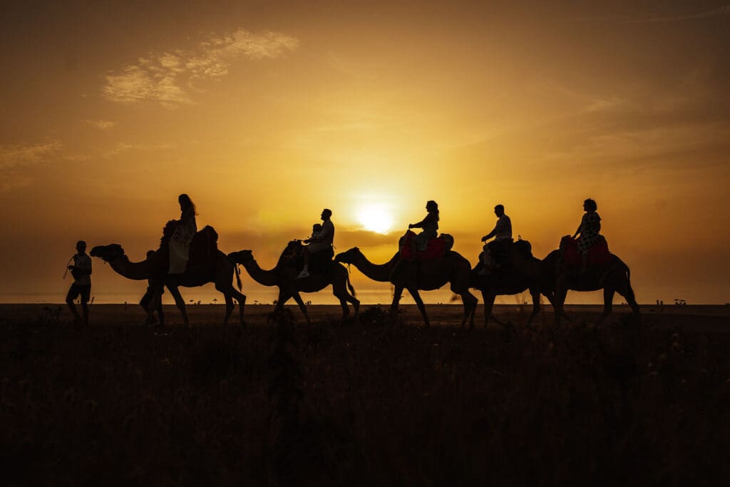 wedding party riding camels captured in wedding photography in Tangier, Morocco by Ben Lee.