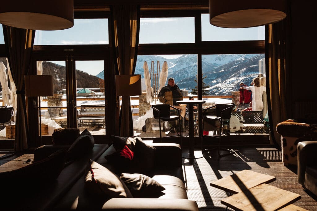 View from ski lodge captured in ski wedding photography in Italy, by Ben Lee